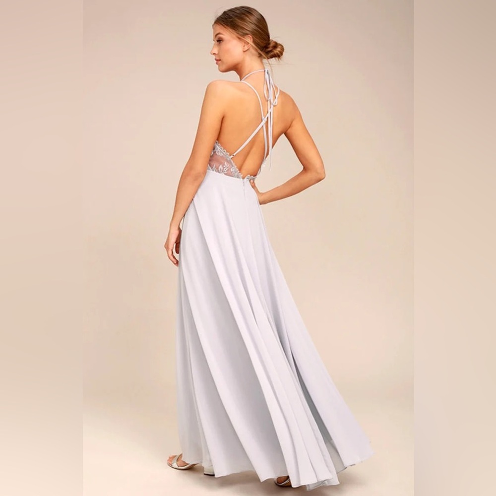 Lulu’s Celebrate the Moment Grey Lace Maxi Dress